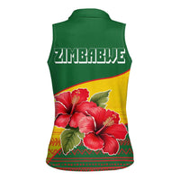Zimbabwe Flag Map and Red Hibiscus Flowers Women Sleeveless Polo Shirt with African Tribal Pattern