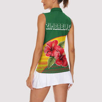 Zimbabwe Flag Map and Red Hibiscus Flowers Women Sleeveless Polo Shirt with African Tribal Pattern