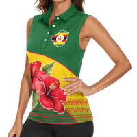 Zimbabwe Flag Map and Red Hibiscus Flowers Women Sleeveless Polo Shirt with African Tribal Pattern