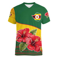 Zimbabwe Flag Map and Red Hibiscus Flowers Women V-Neck T-Shirt with African Tribal Pattern