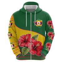 Zimbabwe Flag Map and Red Hibiscus Flowers Zip Hoodie with African Tribal Pattern