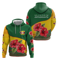 Zimbabwe Flag Map and Red Hibiscus Flowers Zip Hoodie with African Tribal Pattern