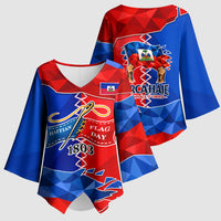 Haiti Flag Day Arcahaie 1803 Kimono Sleeve Blouse Geometric Low Poly Flag Art - Birthplace Of Liberty Graphic