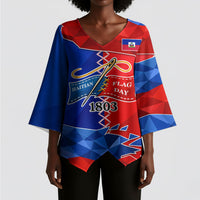 Haiti Flag Day Arcahaie 1803 Kimono Sleeve Blouse Geometric Low Poly Flag Art - Birthplace Of Liberty Graphic