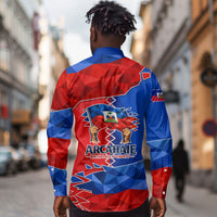 Haiti Flag Day Arcahaie 1803 Long Sleeve Button Shirt Geometric Low Poly Flag Art - Birthplace Of Liberty Graphic