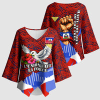 Haiti Flag Day Soul Of The Free L Union Fait La Force Kimono Sleeve Blouse Peace Dove And Power Fist Art With Hibiscus And Broken Chains