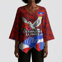 Haiti Flag Day Soul Of The Free L Union Fait La Force Kimono Sleeve Blouse Peace Dove And Power Fist Art With Hibiscus And Broken Chains