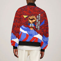 Haiti Flag Day Soul Of The Free L Union Fait La Force Sleeve Zip Bomber Jacket Peace Dove And Power Fist Art With Hibiscus And Broken Chains