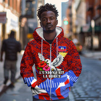 Haiti Flag Day Soul Of The Free L Union Fait La Force Zip Hoodie Peace Dove And Power Fist Art With Hibiscus And Broken Chains