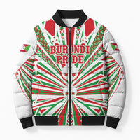 Burundi Pride Beat Of 1962 Independence Day Bomber Puffer Jacket Traditional Karyenda Drummer Art With Flag Sunburst Design