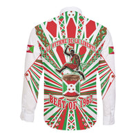 Burundi Pride Beat Of 1962 Independence Day Long Sleeve Button Shirt Traditional Karyenda Drummer Art With Flag Sunburst Design