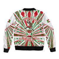 Burundi Pride Beat Of 1962 Independence Day Sleeve Zip Bomber Jacket Traditional Karyenda Drummer Art With Flag Sunburst Design