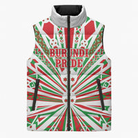 Burundi Pride Beat Of 1962 Independence Day Sleeveless Puffer Jacket Traditional Karyenda Drummer Art With Flag Sunburst Design
