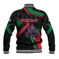 Jordan Black Iris Baseball Jacket with Flag Colors and Cultural Quote