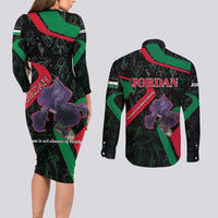 Jordan Black Iris Couples Matching Long Sleeve Bodycon Dress and Long Sleeve Button Shirt with Flag Colors and Cultural Quote
