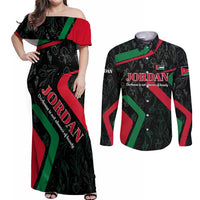 Jordan Black Iris Couples Matching Off Shoulder Maxi Dress and Long Sleeve Button Shirt with Flag Colors and Cultural Quote