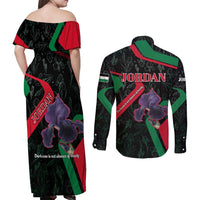 Jordan Black Iris Couples Matching Off Shoulder Maxi Dress and Long Sleeve Button Shirt with Flag Colors and Cultural Quote