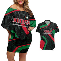 Jordan Black Iris Couples Matching Off Shoulder Short Dress and Hawaiian Shirt with Flag Colors and Cultural Quote