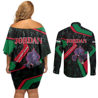 Jordan Black Iris Couples Matching Off Shoulder Short Dress and Long Sleeve Button Shirt with Flag Colors and Cultural Quote