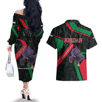 Jordan Black Iris Couples Matching Off The Shoulder Long Sleeve Dress and Hawaiian Shirt with Flag Colors and Cultural Quote