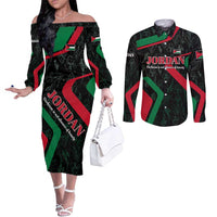 Jordan Black Iris Couples Matching Off The Shoulder Long Sleeve Dress and Long Sleeve Button Shirt with Flag Colors and Cultural Quote