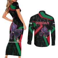 Jordan Black Iris Couples Matching Short Sleeve Bodycon Dress and Long Sleeve Button Shirt with Flag Colors and Cultural Quote