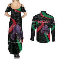 Jordan Black Iris Couples Matching Summer Maxi Dress and Long Sleeve Button Shirt with Flag Colors and Cultural Quote