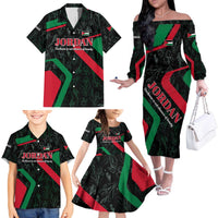 Jordan Black Iris Family Matching Off The Shoulder Long Sleeve Dress and Hawaiian Shirt with Flag Colors and Cultural Quote