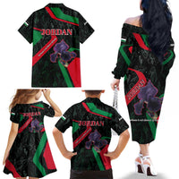 Jordan Black Iris Family Matching Off The Shoulder Long Sleeve Dress and Hawaiian Shirt with Flag Colors and Cultural Quote