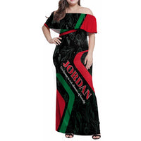 Jordan Black Iris Family Matching Off Shoulder Maxi Dress and Hawaiian Shirt with Flag Colors and Cultural Quote