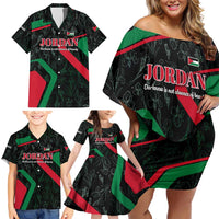 Jordan Black Iris Family Matching Off Shoulder Short Dress and Hawaiian Shirt with Flag Colors and Cultural Quote