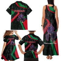 Jordan Black Iris Family Matching Tank Maxi Dress and Hawaiian Shirt with Flag Colors and Cultural Quote