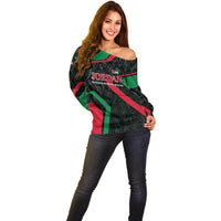 Jordan Black Iris Off Shoulder Sweater with Flag Colors and Cultural Quote