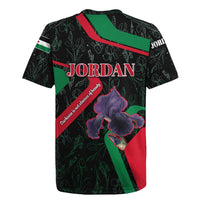 Jordan Black Iris Rugby Jersey with Flag Colors and Cultural Quote