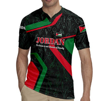 Jordan Black Iris Rugby Jersey with Flag Colors and Cultural Quote