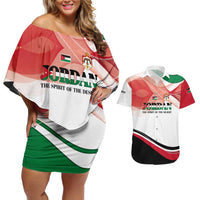 Jordan Emblem Couples Matching Off Shoulder Short Dress and Hawaiian Shirt with Flag Colors and Desert Spirit Quote