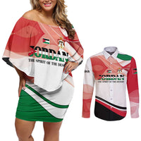 Jordan Emblem Couples Matching Off Shoulder Short Dress and Long Sleeve Button Shirt with Flag Colors and Desert Spirit Quote