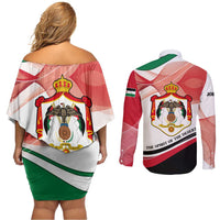 Jordan Emblem Couples Matching Off Shoulder Short Dress and Long Sleeve Button Shirt with Flag Colors and Desert Spirit Quote