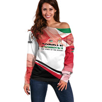 Jordan Emblem Off Shoulder Sweater with Flag Colors and Desert Spirit Quote