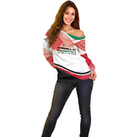 Jordan Emblem Off Shoulder Sweater with Flag Colors and Desert Spirit Quote