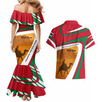 Wadi Rum Desert Couples Matching Mermaid Dress and Hawaiian Shirt with Camel Rider and Jordan Flag Colors