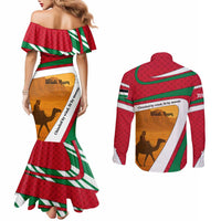 Wadi Rum Desert Couples Matching Mermaid Dress and Long Sleeve Button Shirt with Camel Rider and Jordan Flag Colors