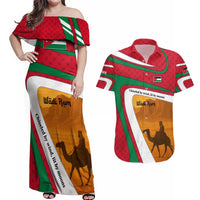 Wadi Rum Desert Couples Matching Off Shoulder Maxi Dress and Hawaiian Shirt with Camel Rider and Jordan Flag Colors