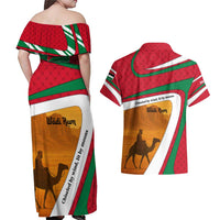 Wadi Rum Desert Couples Matching Off Shoulder Maxi Dress and Hawaiian Shirt with Camel Rider and Jordan Flag Colors