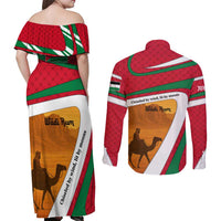Wadi Rum Desert Couples Matching Off Shoulder Maxi Dress and Long Sleeve Button Shirt with Camel Rider and Jordan Flag Colors