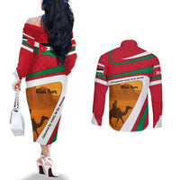 Wadi Rum Desert Couples Matching Off The Shoulder Long Sleeve Dress and Long Sleeve Button Shirt with Camel Rider and Jordan Flag Colors
