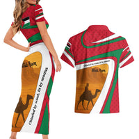 Wadi Rum Desert Couples Matching Short Sleeve Bodycon Dress and Hawaiian Shirt with Camel Rider and Jordan Flag Colors
