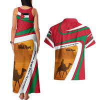 Wadi Rum Desert Couples Matching Tank Maxi Dress and Hawaiian Shirt with Camel Rider and Jordan Flag Colors