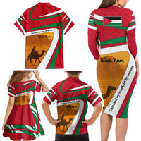 Wadi Rum Desert Family Matching Long Sleeve Bodycon Dress and Hawaiian Shirt with Camel Rider and Jordan Flag Colors