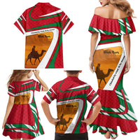 Wadi Rum Desert Family Matching Mermaid Dress and Hawaiian Shirt with Camel Rider and Jordan Flag Colors